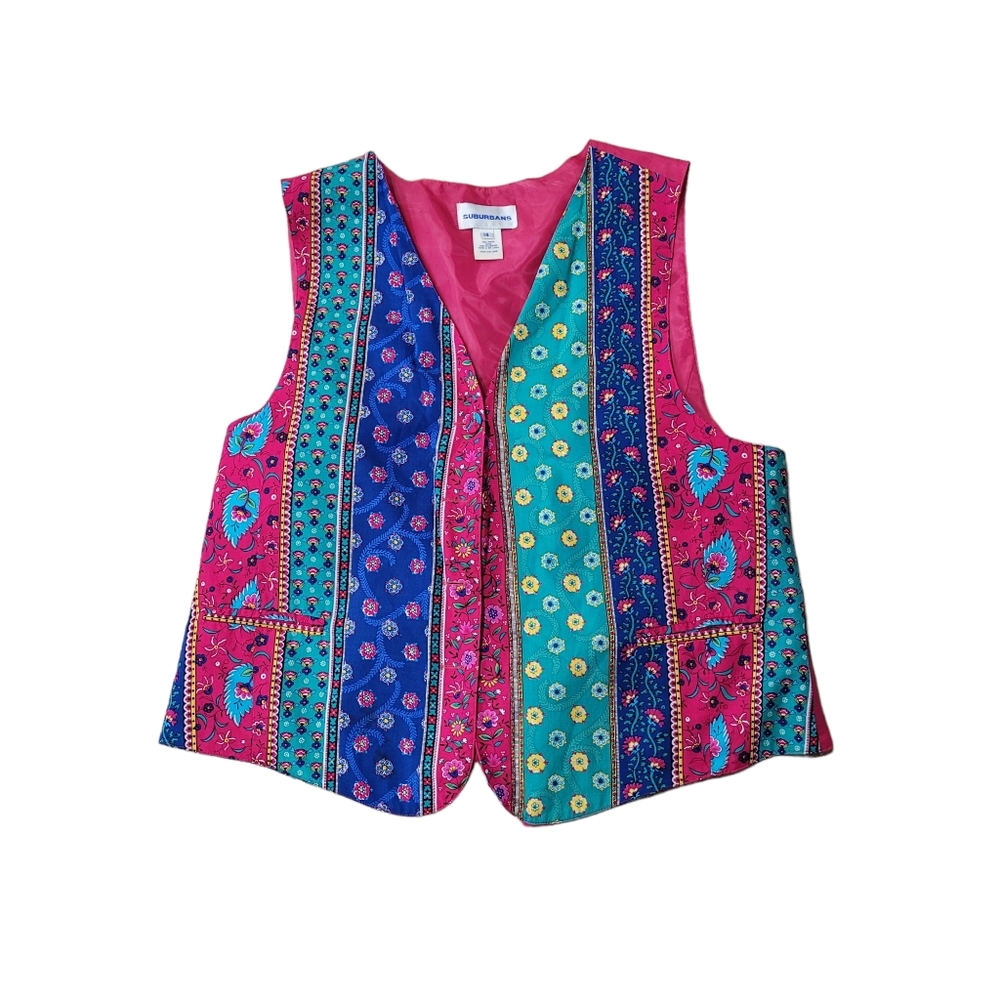 Suburbans Vintage Floral Paisley Patchwork Vest Pink Blue Multi Color Size 14